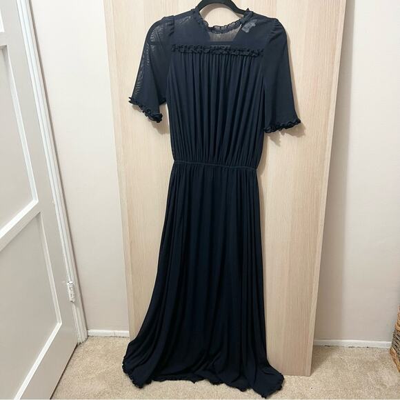 THE GREAT. Sheer Navy Ruffle Maxi Dress S - Picture 3 of 5